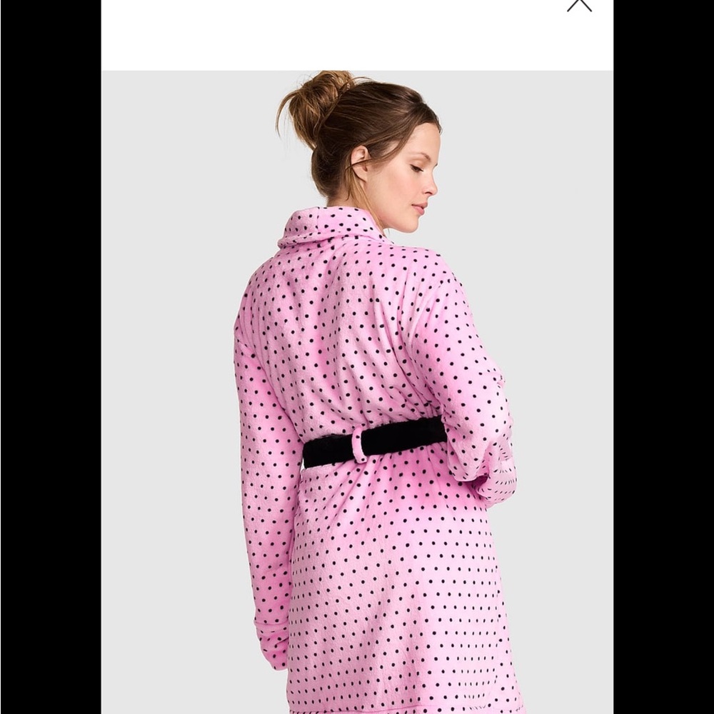 Frankie's Bikinis Pink Polka Dot Plush Robe with Black Belt